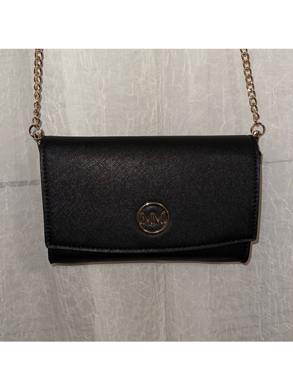 MM Black Gold Tone Hardware Red Lined Crossbody Bag Purse